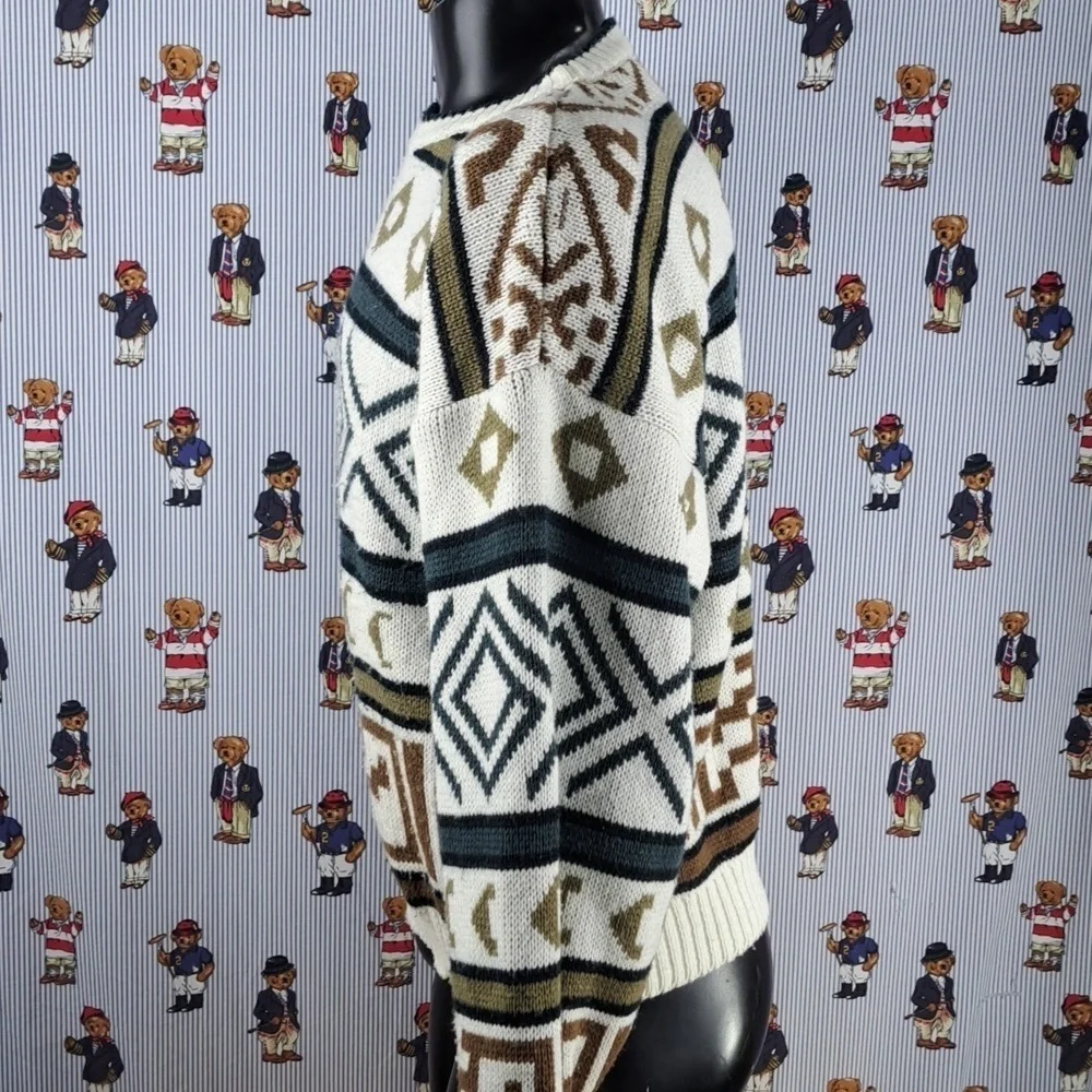 Vintage Gitano geo chunky stripe white & blue casual Med tight knit sweater